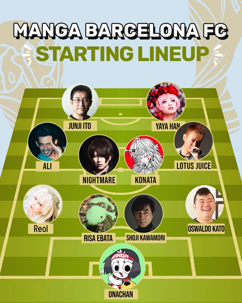 MANGAbcn's tweet photo. ¡El once inicial de Onachan ya está calentando motores para la gran final de mañana! 🔥⚽ Confiamos en ti, Ito-sensei🛐

Junto a @BorjaIglesias9 , ¿cuáles crees que serán los otros cambios del Manga Barcelona FC? 👀 Porque just FYI, la próxima semana anunciamos nuevos invitades. Resguardan en el banquillo.

_

L'onze inicial d'Onachan ja està escalfant motors per a la gran final de demà! 🔥⚽ Confiem en tu, Ito-sensei 🛐

Juntament amb @BorjaIglesias9 , quins creus que seran els altres canvis del Manga Barcelona FC? 👀 Perquè just fyi la setmana vinent anunciarem nous convidats. De moment, esperen des de la banqueta.