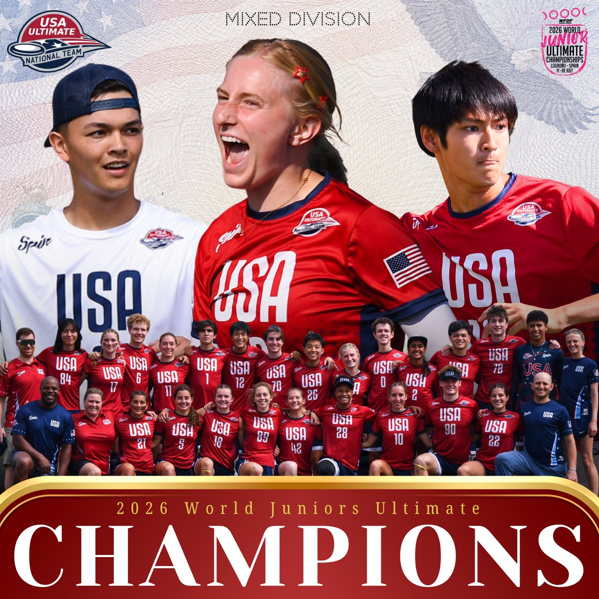 USAUltimate's tweet photo. WORLD CHAMPIONS 🇺🇸🏆

FOR THE SECOND CONSECUTIVE TIME, TEAM USA TAKES THE GOLD IN THE MIXED DIVISION IN A THRILLING 15-11 WIN OVER CANADA!  

#PullForUS | #USAUltimate | #WorldChampions https://t.co/hHN1x0i98Q