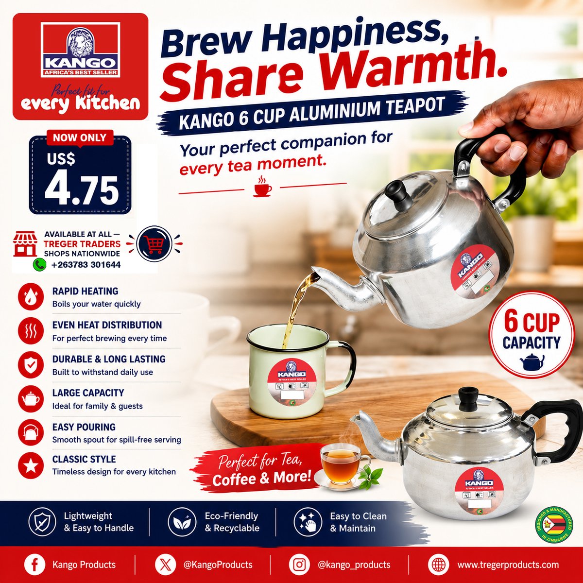 KangoProducts's tweet photo. ☕ Brew Happiness. Share Warmth.

The Kango 6 Cup Aluminium Teapot is perfect for every tea moment.

💰 Only US$4.75

✅ Rapid heating
✅ Even heat distribution
✅ Durable aluminium
✅ 6-cup capacity
✅ Easy pouring & easy to clean
Available at all Treger Traders nationwide.
#KangoProducts #TeaTime #TregerTraders #MadeInZimbabwe