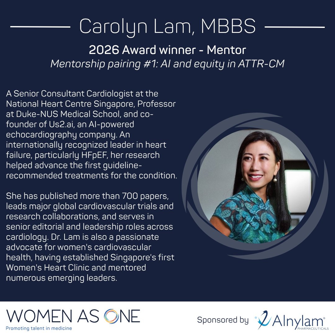 WomenAs1's tweet photo. Today we're celebrating 2026 Mentorship Award winner @lamcardio.

An internationally recognized leader in heart failure and women's cardiovascular health, she'll mentor @sarahaboualaiwi as they advance research into AI and equitable diagnosis of ATTR-CM.

#WomenAsOneAwards https://t.co/YH9XHuYxU7