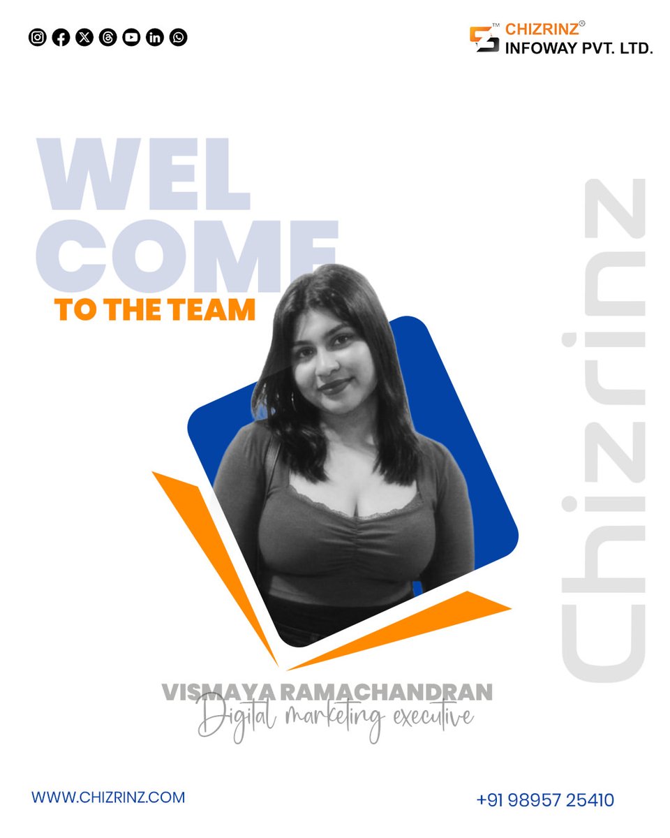 chizrinz's tweet photo. Welcome aboard, Vismaya Ramachandran! 🎉 We're excited to have you join the Chizrinz Infoway family as our Digital Marketing Executive. Wishing you success, growth, and an incredible journey ahead! #WelcomeToTheTeam #NewJoinee #TeamChizrinz #ChizrinzInfoway #DigitalMarketing https://t.co/8DFk9nvaRc