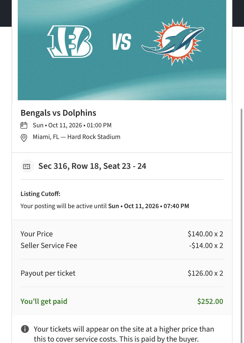 mikemagee1982's tweet photo. Finally listed my @MiamiDolphins season tickets for sale! If it all works out, should make about $220 and get to see #daBears and Chargers for free. No matter how good they are, Bengals and Texans continue to be terrible road teams 😂
#PhinsUp #BoltUp #GoPackGo https://t.co/QfvWPrtymg