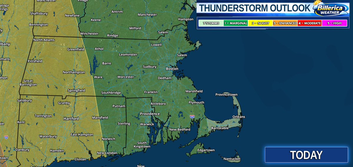 BillericaWX's tweet photo. A strong line of storms will develop along a cold front this evening into tonight. The strongest storms look to remain west with threats for strong winds/slight chc of a tornado. Heavy rain &amp; storms in the east/south will cause localized flooding, esp. south coast. #mawx #snewx https://t.co/h5tX4pxqHv