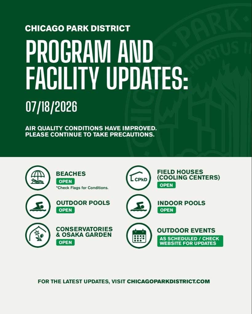ChicagoParks's tweet photo. ✅ Program &amp; Facility Update (07/18/2026): Air quality has improved, and all Chicago Park District programs and facilities are operating normally.

For the latest updates on events and programming, visit https://t.co/9on1G8iK78 https://t.co/ebTMskHQSq