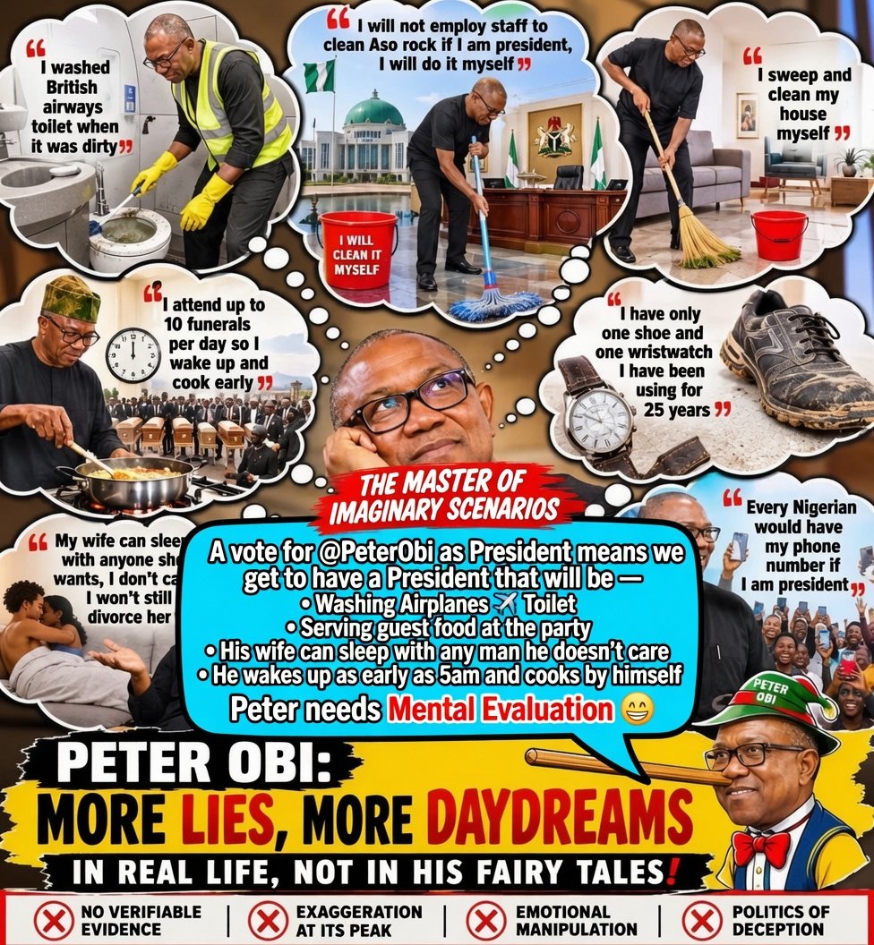 oluyanimi's tweet photo. PETER OBI: More Lies, More Daydreams! 

A vote for @PeterObi as President means we get to have a President that will be: 

Washing Airplanes ✈️ and British Airways toilets 

Serving guest food at parties 

His wife can sleep with any man, he doesn’t care, he won’t divorce her 

Waking up as early as 5am to cook by himself

Peter needs Mental Evaluation 😄 

The Master of Imaginary Scenarios. In real life, not in his fairy tales! 

NO verifiable evidence ❌
EXAGGERATION at its peak ❌
EMOTIONAL manipulation ❌
Politics of deception ❌ 

Make una vote wisely o! 😂🇳🇬