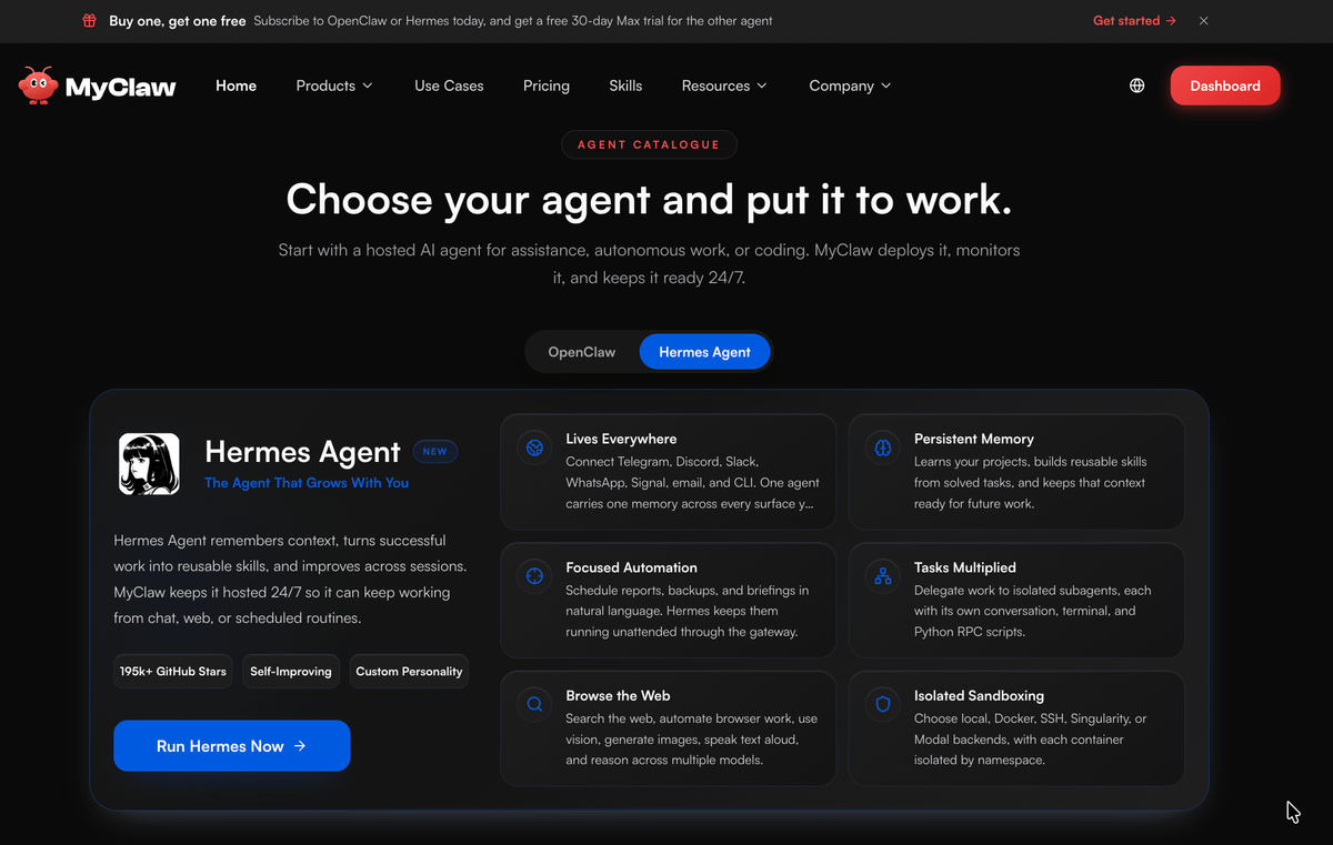 nrqa__'s tweet photo. Not every workflow needs the same AI agent.

That’s why MyClaw now supports both OpenClaw and Hermes.

Use Hermes for memory-heavy tasks, recurring automation, browsing, and isolated subagents.

One platform.

Different agents for different jobs. https://t.co/EwXle0p0Kt