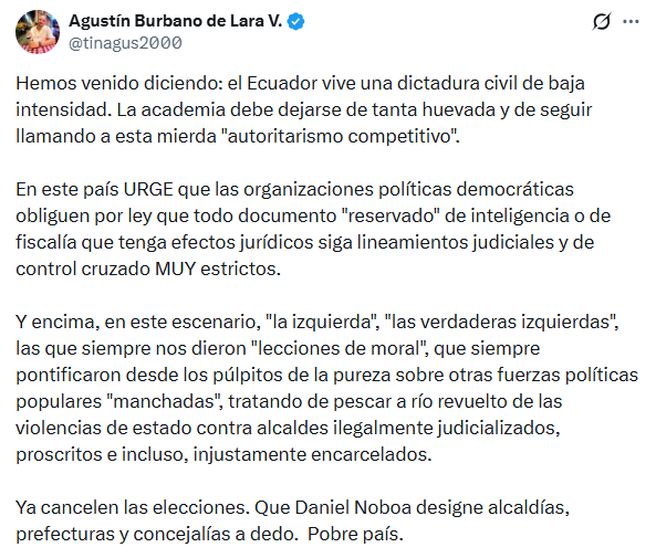 EcEnDirecto's tweet photo. #ATENCIÓN 
Luego que el @TCE_Ecuador suspendió al movimiento #AMIGO, el analista @tinagus2000 enfatizó que Ecuador vive una dictadura civil de baja intensidad y que la academia debe dejarse "de tanta huevada y de seguir llamando a esta mierda "autoritarismo competitivo"".
"En este país urge que las organizaciones políticas democráticas obliguen por ley que todo documento "reservado" de inteligencia o de fiscalía que tenga efectos jurídicos siga lineamientos judiciales y de control cruzado muy estrictos", indicó.