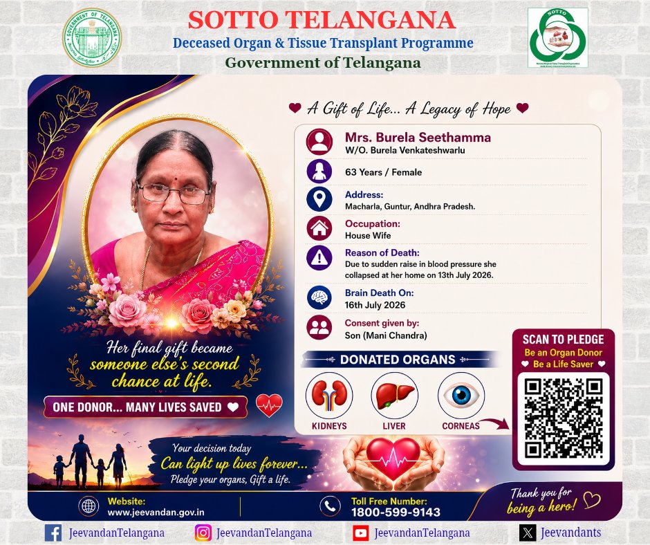 Jeevandants's tweet photo. 63వ సంవత్సరంలోనూ అవయవదానం చేసిన శ్రీమతి. సీతమ్మ గారు🙏

తన అవయవాలతో 5గురికి పునర్జన్మ...💞

పుట్టెడు దుఃఖంలోనూ మానవత్వం చాటిన కుటుంబ సభ్యులకు పాదాభివందనాలు🙏

మీరు కూడా అవయవదానం చేయండి.. ప్రాణాలను కాపాడండి🙏🙏

#organdonation #giftoflife
#organdonor

@bhushan_sree @dme_telangana https://t.co/n5rmrTOD6O