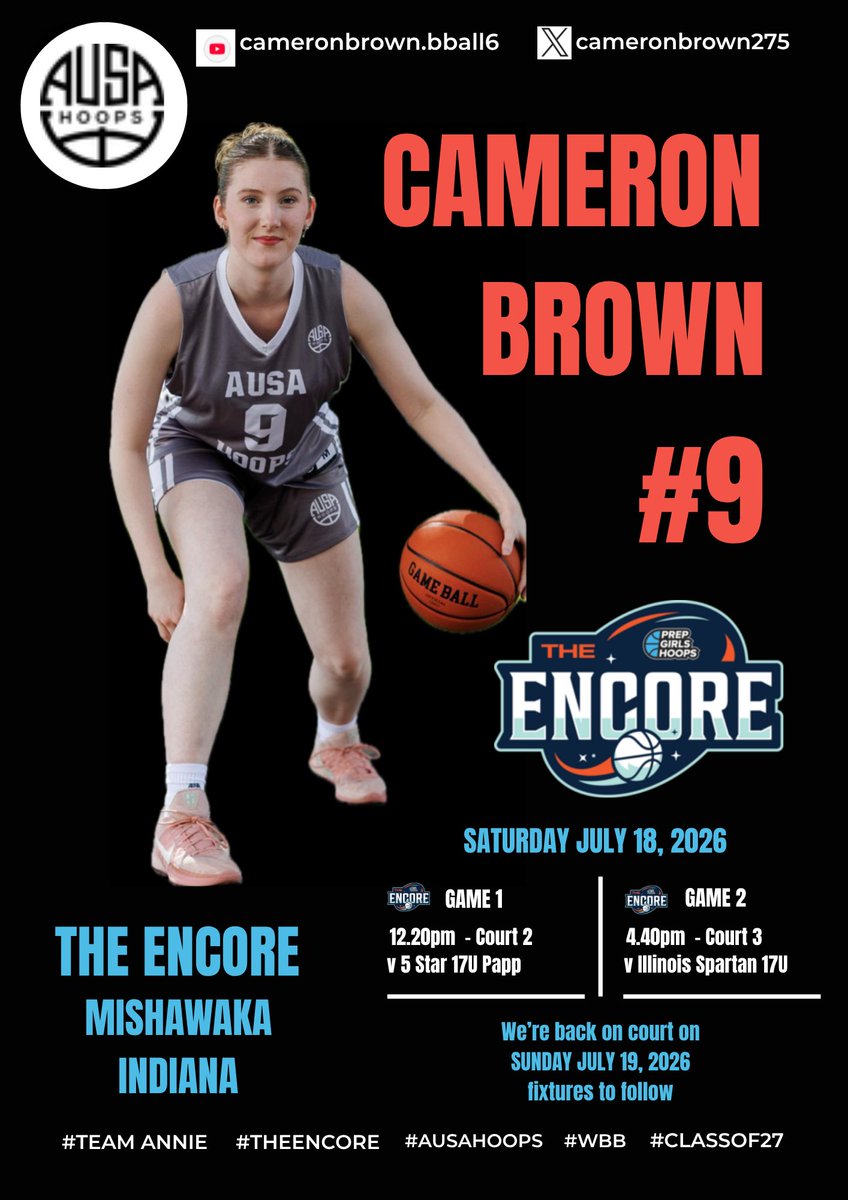 cameronbrown275's tweet photo. Here is the updated schedule for The Encore playing from AUSA Team Annie today! Hope to see you there!
@AUSA_Hoops @ScanlonCoach #wbb #Run4Roses #internationalstudent #collegebasketball https://t.co/1u1lZp2Rke