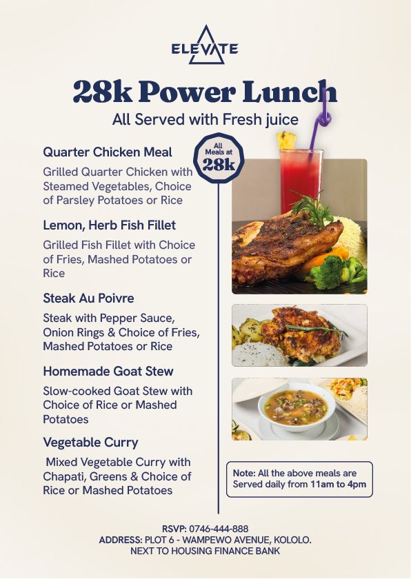 elevateloungeug's tweet photo. Lunch break just got an upgrade 

GRAB YOUR ELEVATE POWER LUNCH AT 28K

Choose from:  
🍗 Quarter Chicken  
🐟 Lemon Herb Fish Fillet  
🥩 Steak Au Poivre  
🐐 Homemade Goat Stew  
🥦 Vegetable Curry  
All served with Fresh Juice

Everyday from 11AM - 4PM  
Too busy? We also do deliveries! 📞 0746 444 888

📍 Elevate Lounge, Wampewo Ave, Kololo