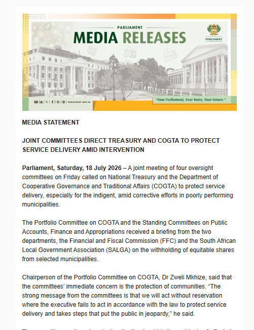 GovernanceClus1's tweet photo. 1/ A @ParliamentofRSA joint meeting of four oversight committees on Friday called on
@Treasury_RSA and @NationalCoGTA to protect #servicedelivery, especially for the indigent, amid corrective efforts in poorly performing #municipalities. https://t.co/DDfsKhGsGJ