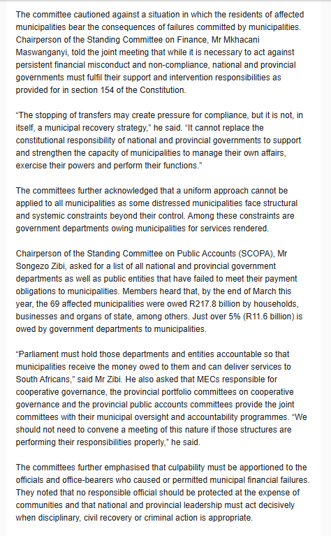 GovernanceClus1's tweet photo. 1/ A @ParliamentofRSA joint meeting of four oversight committees on Friday called on
@Treasury_RSA and @NationalCoGTA to protect #servicedelivery, especially for the indigent, amid corrective efforts in poorly performing #municipalities. https://t.co/DDfsKhGsGJ