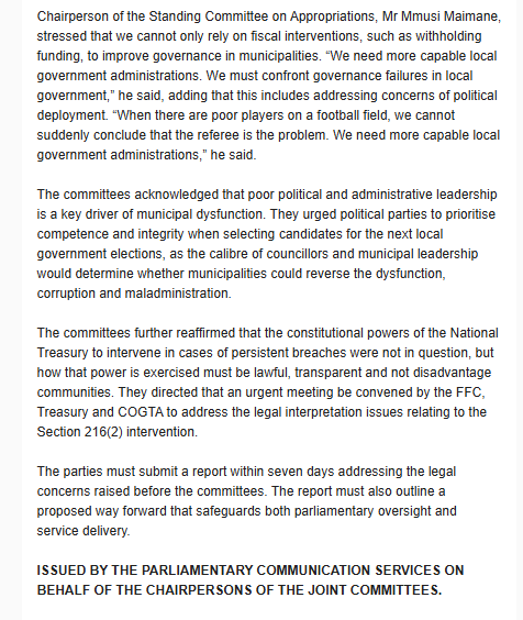 GovernanceClus1's tweet photo. 1/ A @ParliamentofRSA joint meeting of four oversight committees on Friday called on
@Treasury_RSA and @NationalCoGTA to protect #servicedelivery, especially for the indigent, amid corrective efforts in poorly performing #municipalities. https://t.co/DDfsKhGsGJ