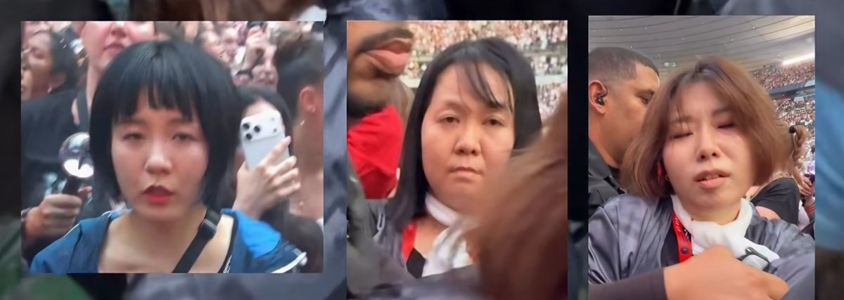 Yoonginapuppy2's tweet photo. ⚠️ Warning for ARMY going to the concerts: Be aware, and do NOT get intimidated by rude people (no matter their nationality). Call security.
These three girls were intimidating and mocking ARMY in the VIP section and  were trying to film the whole show, and apparently they were also kicked out in Brussels.
If someone is rude to you, call security. *Don't accept disrespect or bad behavior from anyone, even if you're not in your own country and the rude person is.*
I've seen many reports of FR ARMY being rude as well. Security is there for a reason—use it.