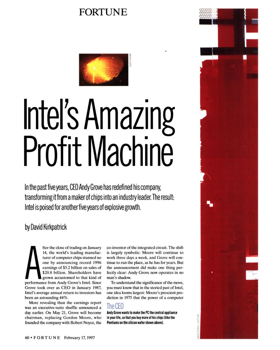 FortuneMagazine's tweet photo. Intel was founded on July 18, 1968, by semiconductor pioneers Robert Noyce and Gordon Moore.

Fortune’s 1997 issue profiled Andy Grove, who had joined Intel as its first hire and risen through the ranks from president to CEO before becoming chairman. https://t.co/WvHfqe2D3E