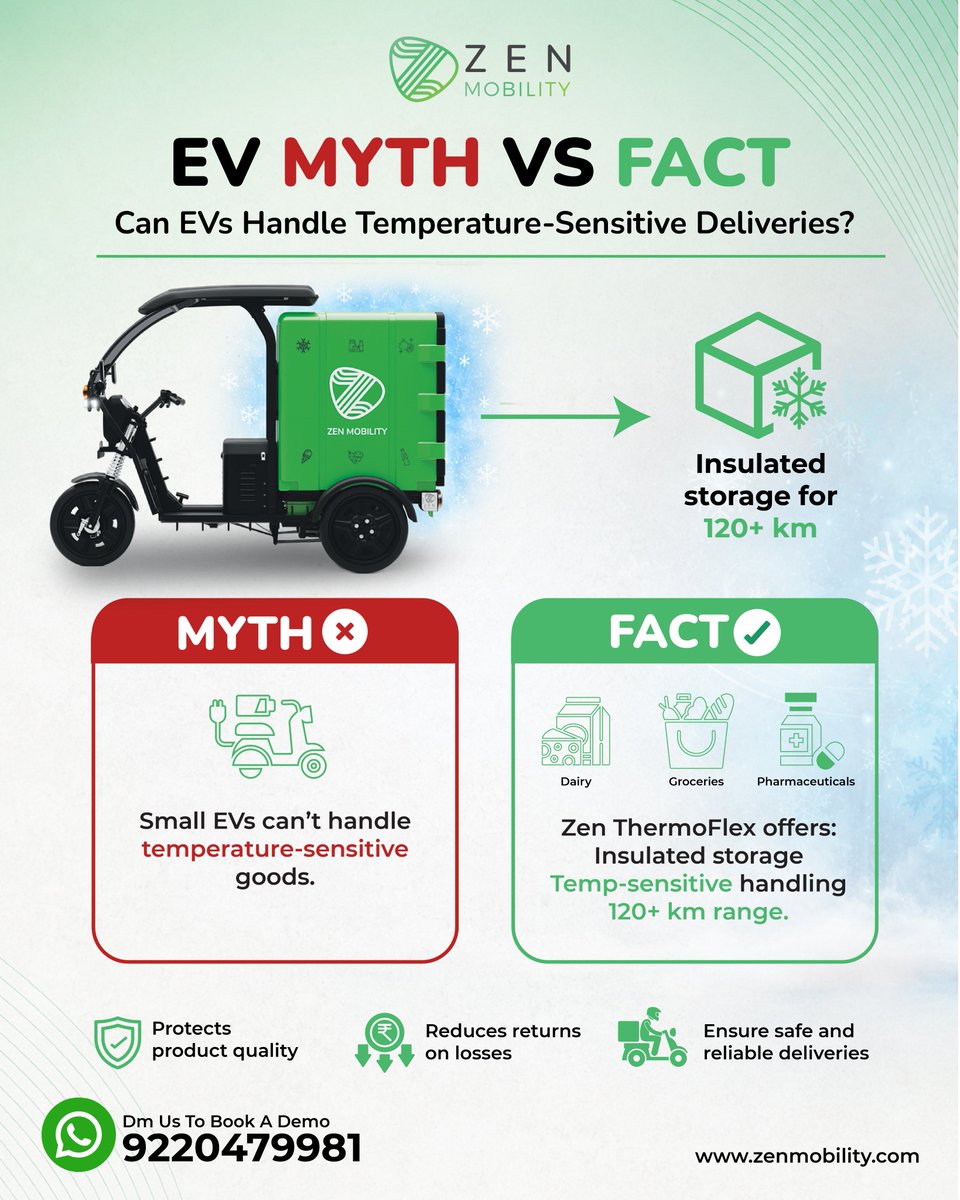zenmobilityev's tweet photo. Stop believing the myths. Start delivering smarter.
Upgrade your delivery business with Zen ThermoFlex.
💬WhatsApp us for Booking or Demo 9220479981
#ZenMobility #EVMythVsFact #ElectricCargo #BusinessGrowth #ColdChain #DeliverySolutions https://t.co/T6C4yR5Qnf