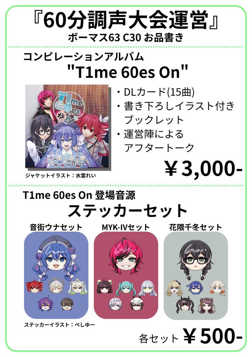 60minVocals's tweet photo. #ボーマス63 C30『60分調声大会運営』のお品書きです！

コンピレーションアルバムとステッカーをご用意してお待ちしております！

皆様お誘い合わせの上 ぜひお越しください！！ https://t.co/pv2UuUI53o