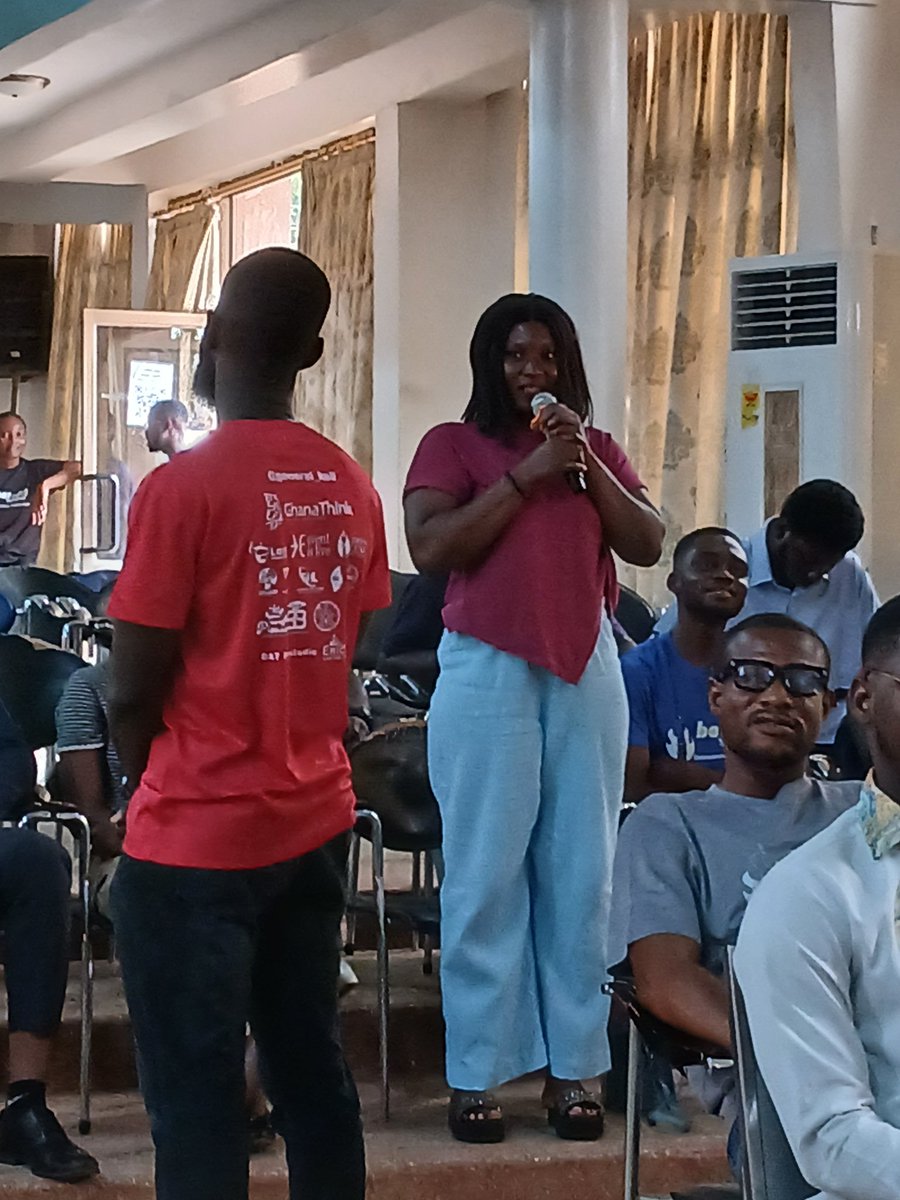 Barcampghana's tweet photo. Janet spoke to a number of mentors at #BarcampSunyani 2026, including Dr Anthony Baidoo, etc. 

She learnt about confidence and decided to volunteer to share her experience by taking the mic!

#Barcamp #Sunyani at #SunyaniTechnicalUniversity Auditorium. 

#bcsyi #bcsyi2026. https://t.co/UYAaqbFtYt