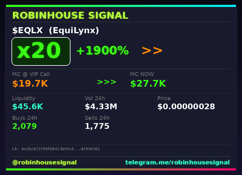 robhousesignal's tweet photo. That's a 20x on $EQLX π₯
π Called at $19.7K MC β now $27.7K
π§ Spotted by our on-chain filter before the pump β link in bio
#EQLX #robinhousesignal #crypto #web3 #altcoin https://t.co/9thmtdJvVe