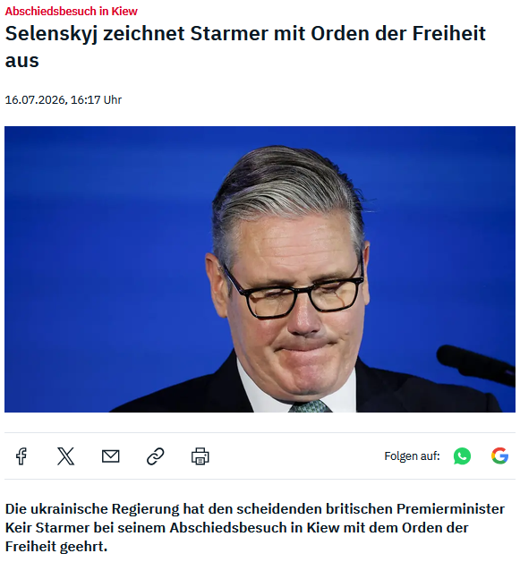 PeterBorbe's tweet photo. Schnell noch einen Orden abholen: Während andere scheidende Regierungschefs sich in ihren letzten Amtstagen vielleicht bei ihrem Volk verabschieden würden, fährt Keir Starmer lieber zu Warlord Wolodymyr in Kiew, bekommt dafür auch noch einen Orden umgehängt. Wofür? Dafür, dass er das britische Volk ausgepresst hat wie eine Zitrone, um das Geld in die Ukraine zu verschieben?
https://t.co/nyJc4HAfxM