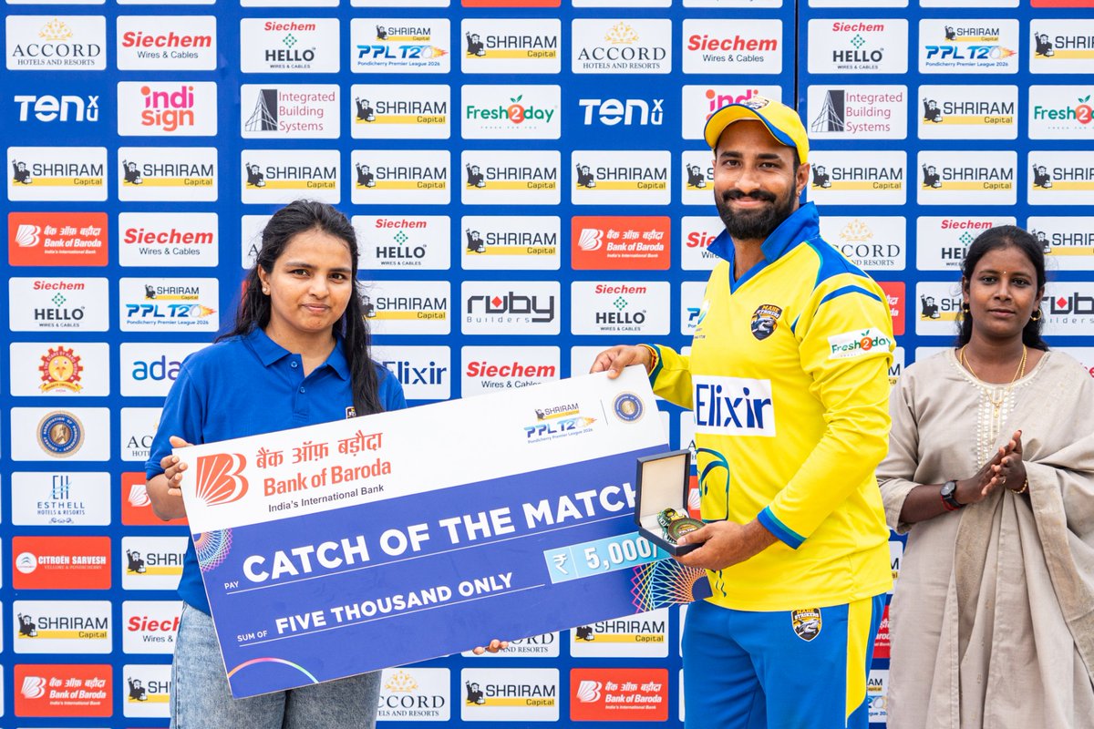 PPLT20_Cricket's tweet photo. 🏅 Here are the award winners from the Ossudu Accord Warriors vs Mahe Strikers clash!

🗓️ July 7 – 26, 2026
📍 Siechem Stadium, Thuthipet (Free Entry)
📺 Live on Star Sports 1 Tamil
📱 Streaming on Jio Hotstar

#PPL #PPL2026 #PondicherryPremierLeague #PondicherryCricket https://t.co/vxRXW3XtYI