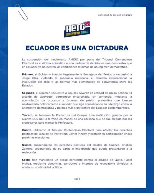 EcEnDirecto's tweet photo. #ATENCIÓN 
Tras la suspensión, por nueve meses, del movimiento AMIGO, la organización política @RetoEc, a través de un comunicado, mencionó que “Ecuador es una dictadura”.
En el documento, enumeró doce hechos que, según la organización, evidencian una afectación a la democracia. Por ello, llamó a la @CorteConstEcu, organizaciones políticas y sociales, universidades, medios de comunicación y organismos internacionales a pronunciarse sobre el tema.