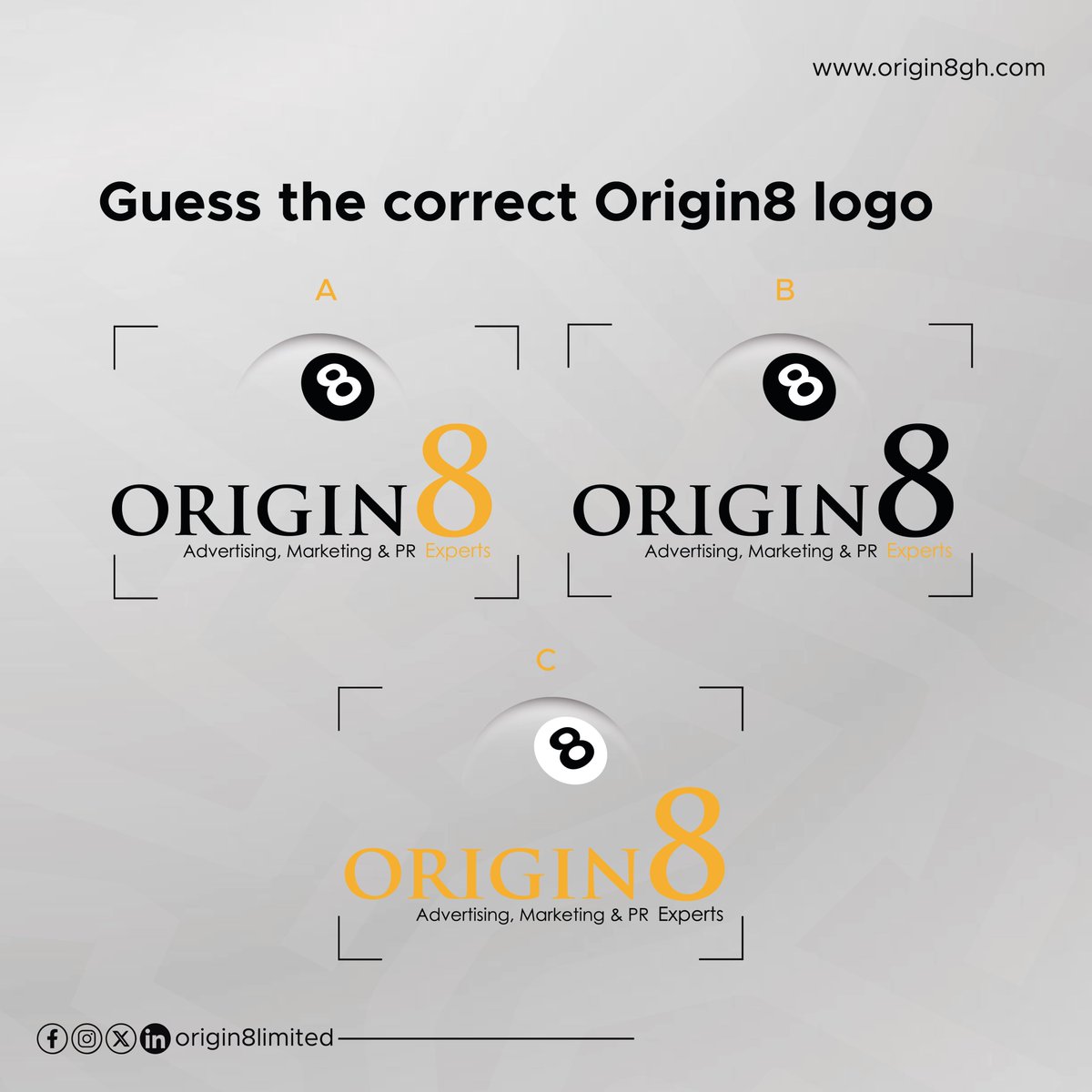 Origin8T's tweet photo. 👀 Think you know the Origin8 logo? Put your eyes to the test!

Drop your answer in the comments:
A
️B
C

No peeking! 😄 Challenge your friends to join in, and let's see who gets it right.

#Origin8 #GuessTheLogo #BrandChallenge https://t.co/XRXwkiA2kl