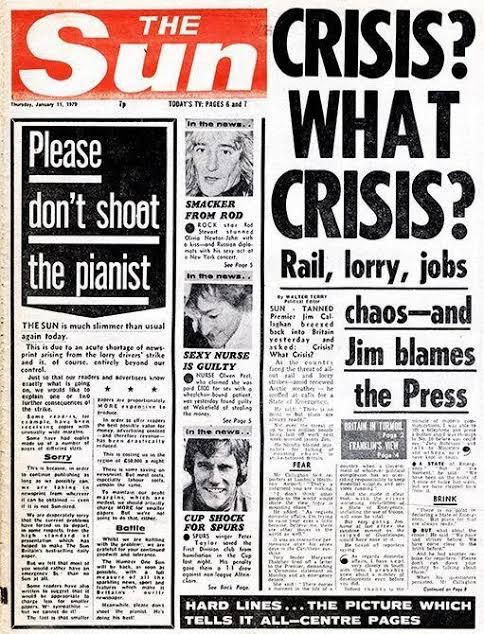 ElizabethRadcl5's tweet photo. Probably one of the most iconic covers of the Sun Newspaper from January 1979 #thesun #winterofdiscontent @kelvmackenzie https://t.co/zXFLFnAmTf