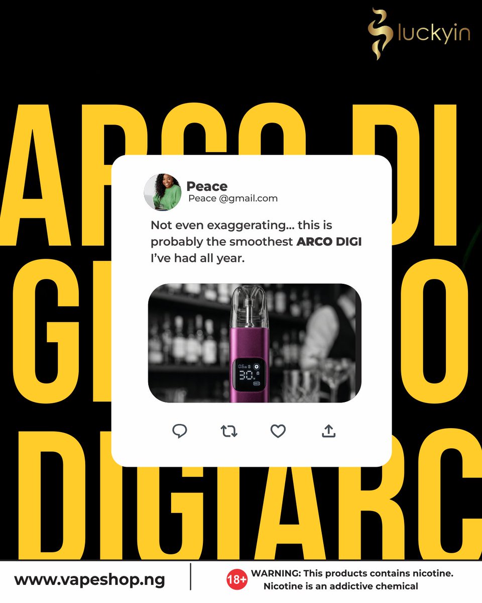 luckyinltd's tweet photo. One good recommendation can introduce you to your next favourite vape.
The ARCO DIGI has already done that for plenty of users.
Available now.
#LuckyInLtd #ArcoDigi #VapeNigeria #SmokPods https://t.co/h2q2tIWNDq