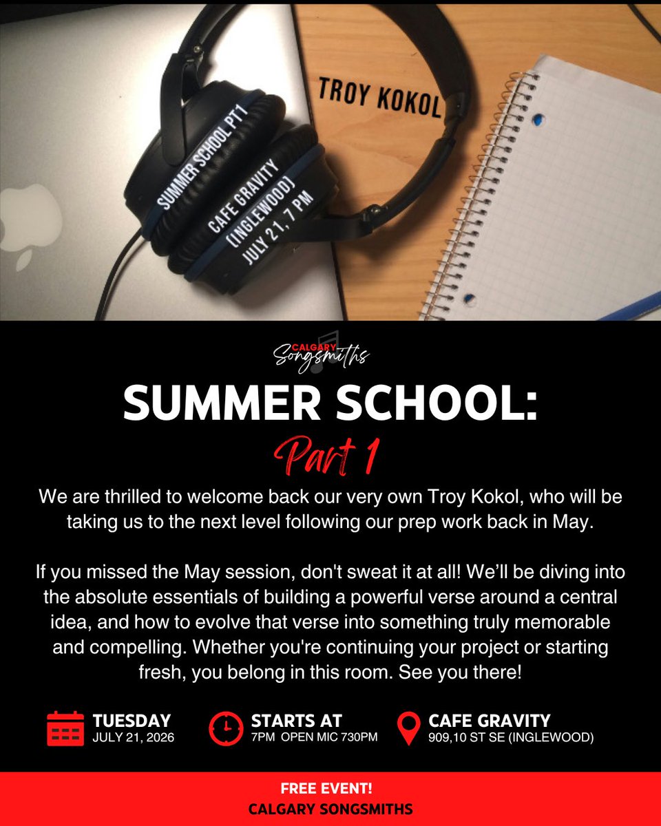 YYCSongsmiths's tweet photo. Join us next Tuesday, 7PM, @Cafegravity (Inglewood) for our July learning session (Summer School PT1) followed by our one song each open stage where you get to share your latest brilliant #songwriting creation!! We can’t wait! https://t.co/l8mqH0zjIL
