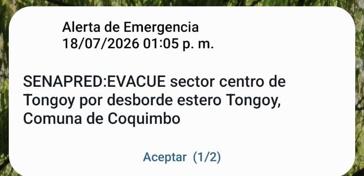 Novenacbc's tweet photo. ¡ATENCIÓN! #SENAPRED solicita EVACUAR sector centro de #Tongoy, comuna de Coquimbo, en la Región de #Coquimbo, por desborde de estero Tongoy. Para reforzar la evacuación en terreno por parte de los organismos técnicos, #SENAPRED activó mensajería #SAE. https://t.co/YNtDSC0auW