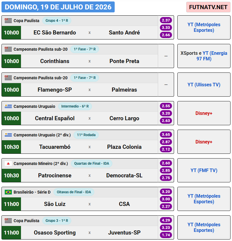 futnatv's tweet photo. A programação do futebol neste domingo (19/7/2026) https://t.co/loKzkB20tn