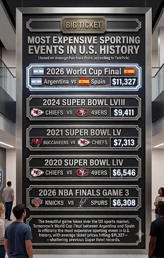 CaciLorenzo's tweet photo. The beautiful game takes over the US sports market.
Tomorrow’s World Cup Final between Argentina and Spain is officially the most expensive sporting event in U.S. history, with average ticket prices hitting $11,327—shattering previous Super Bowl records.
The monetization and commercial scale of football in North America has reached an entirely new tier. 📈⚽🇺🇸
#WorldCup #SportsBusiness