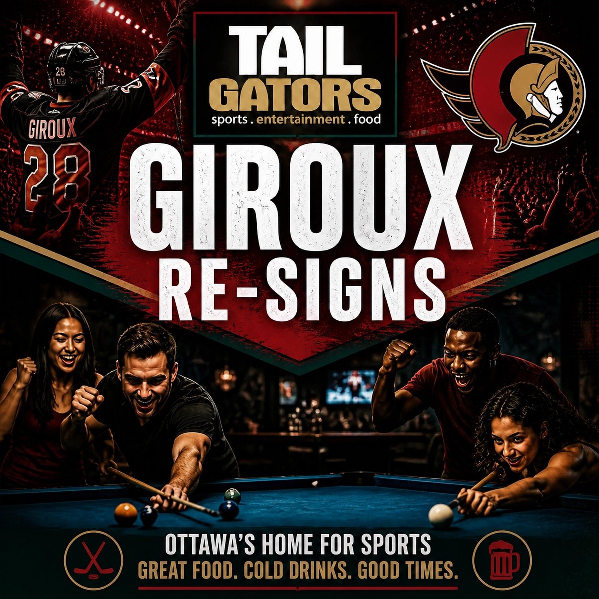 tail_gators's tweet photo. GIROUX STAYS IN OTTAWA! 🏒🔥

Claude re-signs! Catch the games here: come early for the best seats in our watch zone! Pair the hype with our Summer Pool League action. 🎱

Email leagues@tailgators.ca to join!

#Ottawa #OttawaSenators #TailGators #PoolLeague #ClaudeGiroux https://t.co/ugOJtWQeBA