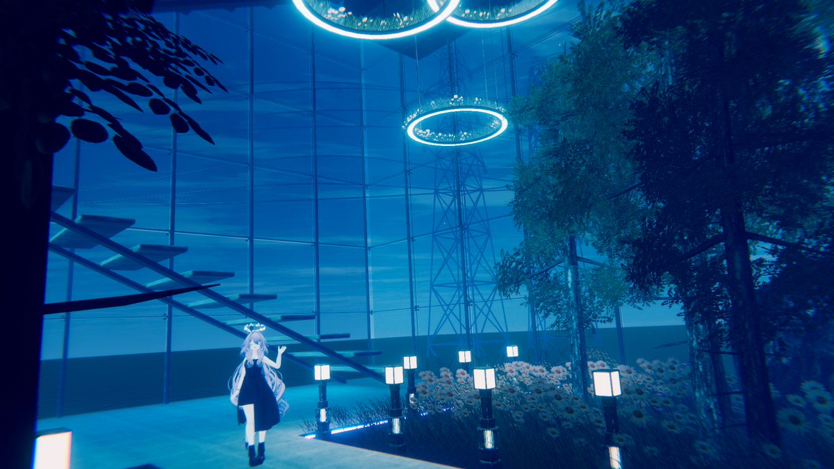 kokonoe_vrc's tweet photo. 🌐liminarias
雨が打ち付けられるガラス張りの建物
空には月が浮かび、夜に差し掛かっているのか明けていくのかわからない曖昧な色をしている
1階には喫煙所、上にはチル部屋があり雨音を聞きながら静かに過ごせる
中でも雨が降ってると思ったら天井の一部が開けていてそこから入ってきてるらしい https://t.co/eBCzsKwK8r