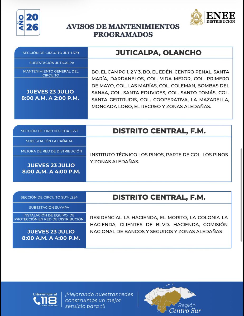 EneeHnOficial's tweet photo. #ENEEInforma | Los trabajos de mantenimiento programados en el área de distribución de la ENEE continuarán la próxima semana; el fin de estas labores es lograr mantener estable la red eléctrica.
A continuación vea listado de los municipios de la región centro y sur que se verán afectados con el servicio de energía.