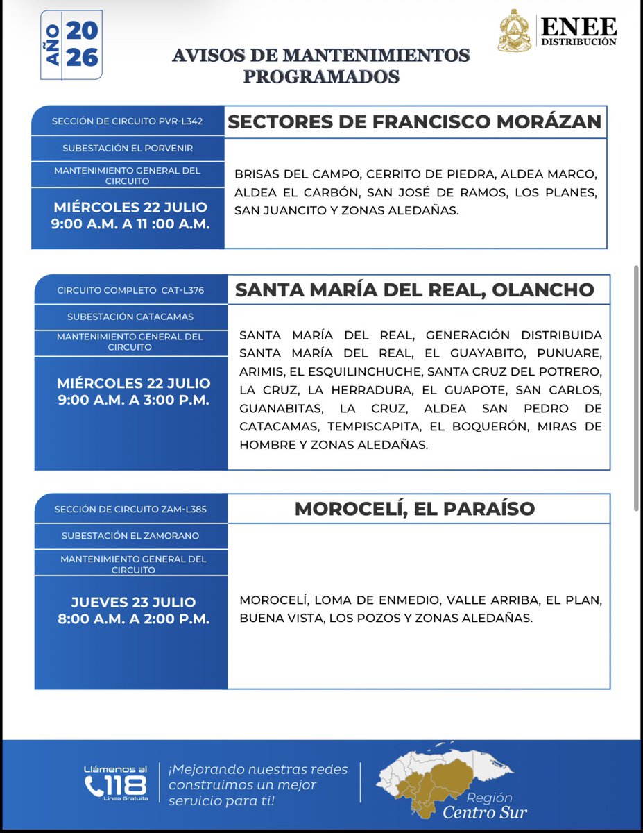 EneeHnOficial's tweet photo. #ENEEInforma | Los trabajos de mantenimiento programados en el área de distribución de la ENEE continuarán la próxima semana; el fin de estas labores es lograr mantener estable la red eléctrica.
A continuación vea listado de los municipios de la región centro y sur que se verán afectados con el servicio de energía.