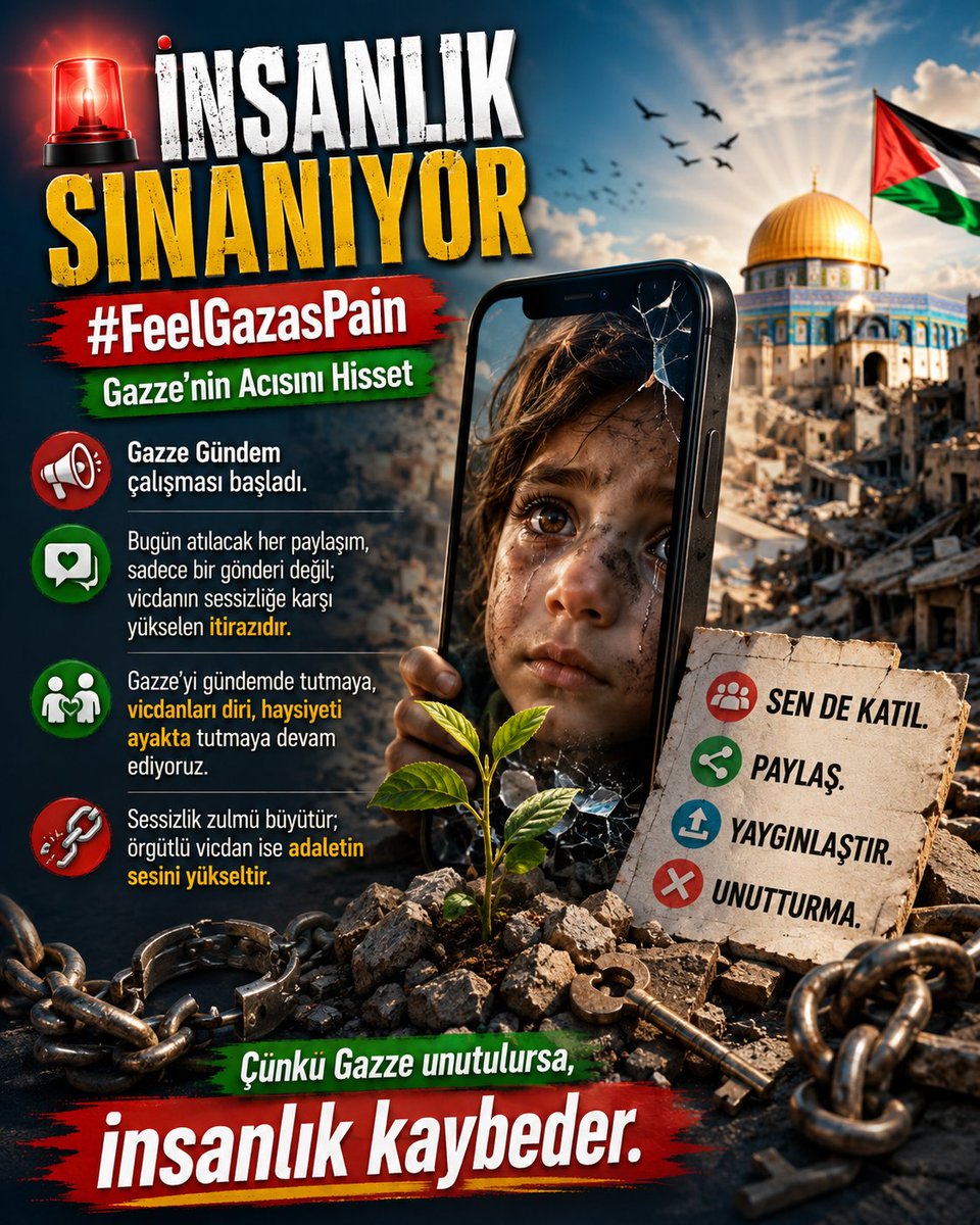 Ferdi_Karabasan's tweet photo. Gazze Gündem çalışması başladı.

🚨 İNSANLIK SINANIYOR
🏷️#FeelGazasPain 
🪘Gazze'nin Acısını Hisset

Bugün atılacak her paylaşım, sadece bir gönderi değil; vicdanın sessizliğe karşı yükselen itirazıdır.

Gazze'yi gündemde tutmaya, vicdanları diri, haysiyeti ayakta tutmaya devam ediyoruz.

Sessizlik zulmü büyütür; örgütlü vicdan ise adaletin sesini yükseltir.

Sen de katıl.
Paylaş.
Yaygınlaştır.
Unutturma.

Çünkü Gazze unutulursa, insanlık kaybeder.