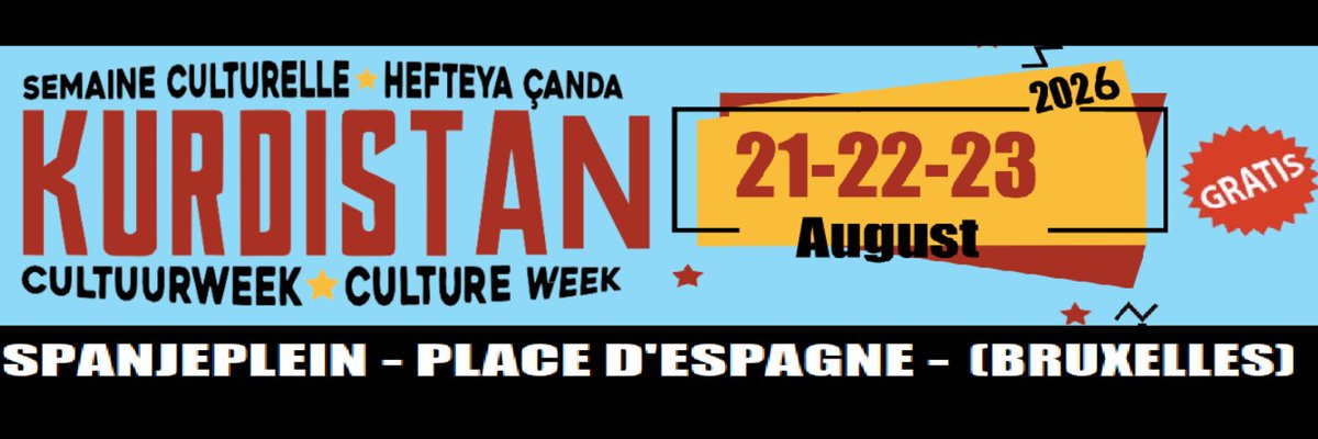 KurdCultWeekBE's tweet photo. Kurdish Culture Week will take place from 21–23 August at Place d’Espagne in Brussels. Join us to experience Kurdish culture through traditional food, folklore music, and dance. The full programme will be announced soon. Free entrance. https://t.co/iYZRcI5zIk