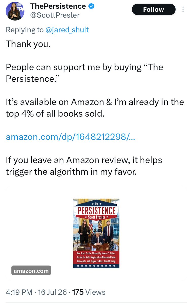 scootpressler's tweet photo. Scott Presler finally got his book published and claims it's in the top 4% books sold on Amazon of all time. 

Feel free to call him out on this bogus claim. https://t.co/9t08Bidmmu