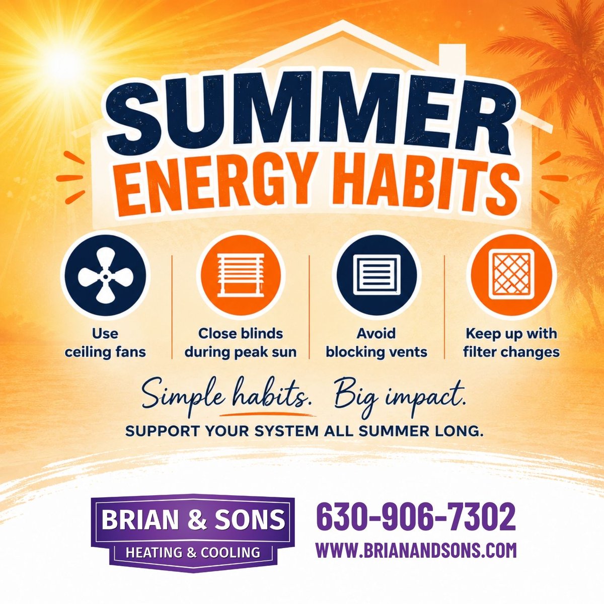 HVAC_BrianSons's tweet photo. Small changes can make a noticeable difference during the hottest days of summer. Use ceiling fans, close blinds during peak sunlight, keep vents clear, and check your air filter regularly to help your cooling system work more efficiently. https://t.co/pmVotZEYvX