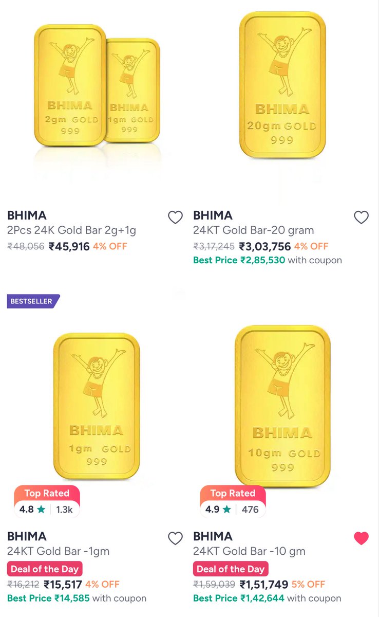 Techie_Twee's tweet photo. Myntra BLINKDEAL6 coupon is live

BHIMA 1 gm gold : ₹14,608

BHIMA 10 gm gold : ₹1,42,644

BHIMA Floral 24K 999 Purity Gold Bar 1 gram : https://t.co/dtIsotOqom…

BHIMA Floral 24K 999 Purity Gold Bar 10 gram https://t.co/dtIsotOqom…

#MYNTRA #GOLDDEAL #GOLD #BLINKDEAL6 https://t.co/wvkM6zLnD1