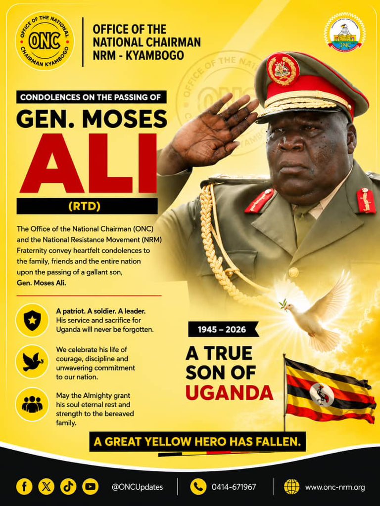 PatienceNamudd1's tweet photo. The Office of the National Chairman (ONC) and the National Resistance Movement (NRM) fraternity convey their heartfelt condolences to the family, friends, and all Ugandans on the passing of Gen. Moses Ali (Rtd.).

A patriot, a distinguished soldier, and a dedicated leader, Gen. Moses Ali served Uganda with unwavering commitment and made lasting contributions to the nation's peace, stability, and development. His legacy of service and sacrifice will continue to inspire generations.

May his soul rest in eternal peace.