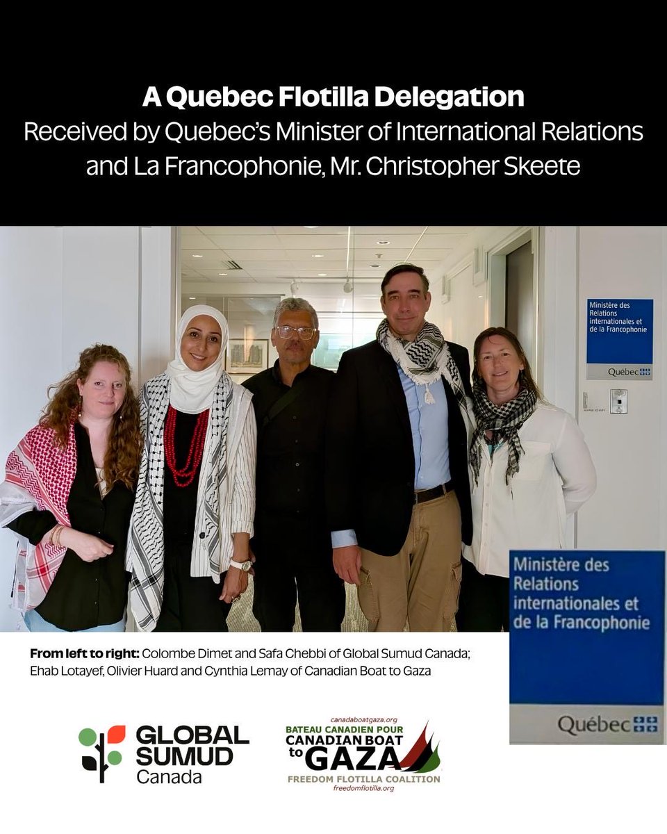 nurses_cnjp's tweet photo. On Friday, July 10, 2026, residents of QC who participated in the Flotilla aimed at breaking the illegal siege of Gaza &amp; representatives of Global Sumud Canada &amp; Canadian Boat to Gaza, met with Quebec’s Minister of International Relations and La Francophonie, Mr. Skeete, in #MTL https://t.co/wixtDiZ23R