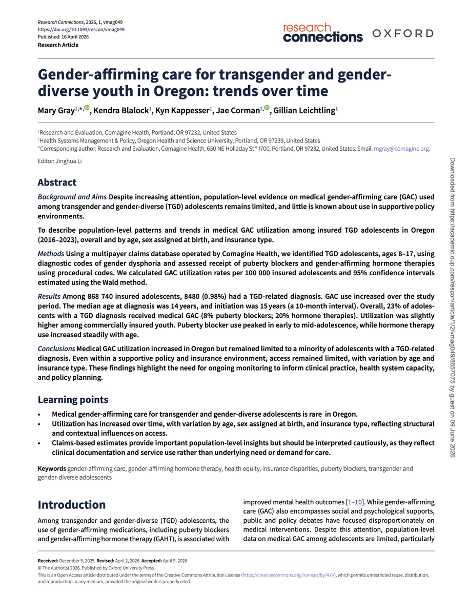 terfcitations's tweet photo. Mary Gray, Kendra Blalock, Kyn Kappesser, Jae Corman, Gillian Leichtling, 2026. Gender-affirming care for transgender and gender-diverse youth in Oregon: trends over time, Research Connections, Volume 1, Issue 2, April 2026, vmag049, https://t.co/a1U70KsRgs, 7 May 2026. https://t.co/7y33wMp8Sq