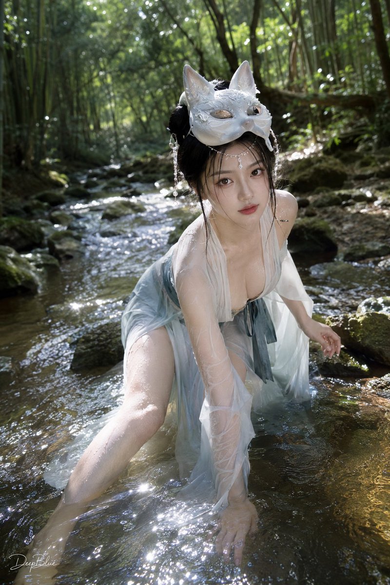 DeepBlueXAI's tweet photo. 夏天适合玩水

林间溪涧
手机抓拍真实照片风格，仿佛使用 iPhone 16 Pro 随手拍摄，24mm 广角镜头，Apple Smart HDR，自动曝光，自动白平衡，Live Photo 抓拍瞬间，轻微手持晃动，真实 iPhone 色彩科学，没有商业棚拍痕迹，像旅行途中偶然记录的一张照片。

盛夏午后，一条清澈山溪穿过翠绿竹林，溪水缓缓流过青石，阳光穿过浓密树冠，在溪面与人物身上形成不断晃动的碎金色光斑。空气潮湿清凉，漂浮细小水雾，远处传来蝉鸣与溪流声。

年轻成年东亚女性拥有自然丰满协调的沙漏型身材，丰满���润的胸部、纤细腰肢、修长双腿、柔和肩颈曲线，赤足站在浅溪中央，月白与雾青半透明新中式薄纱古装被溪水轻轻浸湿，布料贴合身体自然垂坠，呈现真实重量感。

珍珠白狐形面具斜戴额前，完整露出五官，高盘黑发配珍珠额链与银色流苏，几缕湿润碎发贴在脸侧，她微微俯身，将指尖轻触溪面，抬眼望向镜头，仿佛林间狐灵偶然现身。

环境保持自然高亮，人物承接柔化闪光，溪水反射形成流动高光，皮肤保留真实毛孔、水珠、唇纹与细碎发丝，局部 Bloom、轻微 clipping、旧镜头低对比、轻微 Film Grain、电影级新中式 Editorial。

左下艺术签名“DeepBlue”。