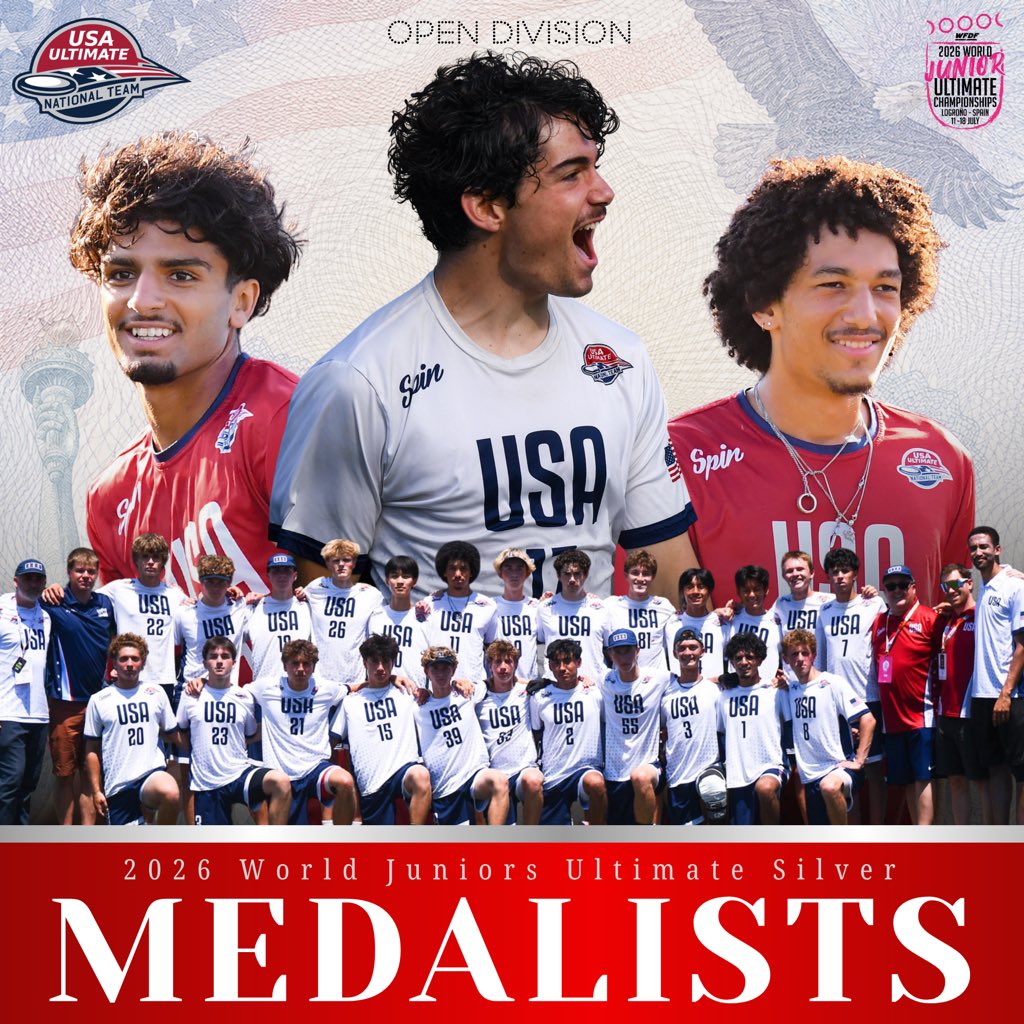 USAUltimate's tweet photo. Silver Medalists 🥈🇺🇸

After an intense battle with Canada, USA in the open division falls and win the silver medals at the 2026 WFDF WJUC. It’s the 17th consecutive medal for the open side at the event! 

#PullForUS | #USAUltimate https://t.co/6PnOCuPBkD