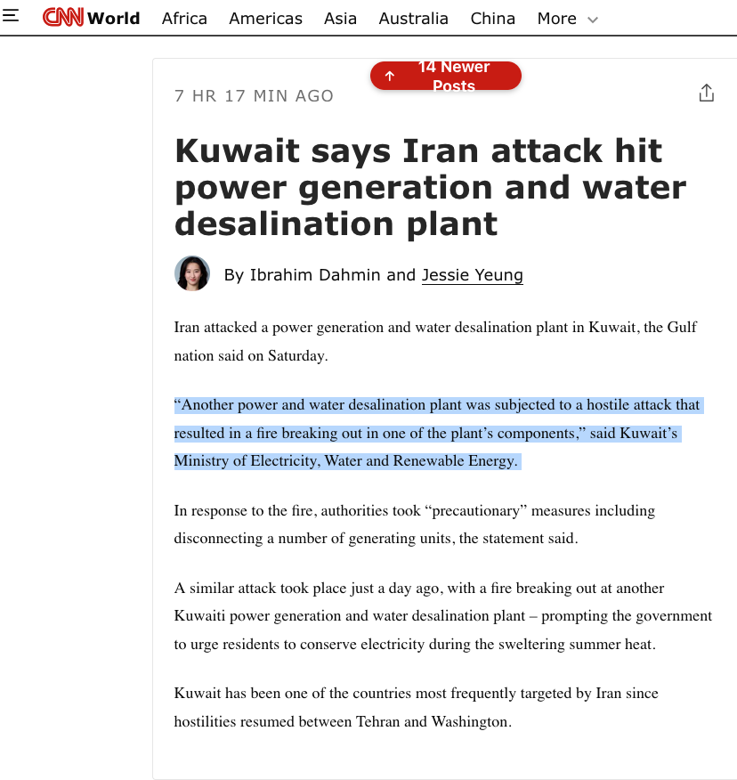 noruserious's tweet photo. @NSAGov @bariweiss @MenchOsint "ANOTHER" in Kuwait.
So now the curr weak sauce newz is 'at least THREE desalination/electrical plants (usually built next to each other) have been hit:
1. ONE in Iran
2. TWO in #Kuwait.
#desalination #RealInfrastructure #IranianRetaliation https://t.co/0MDFTWwcBP