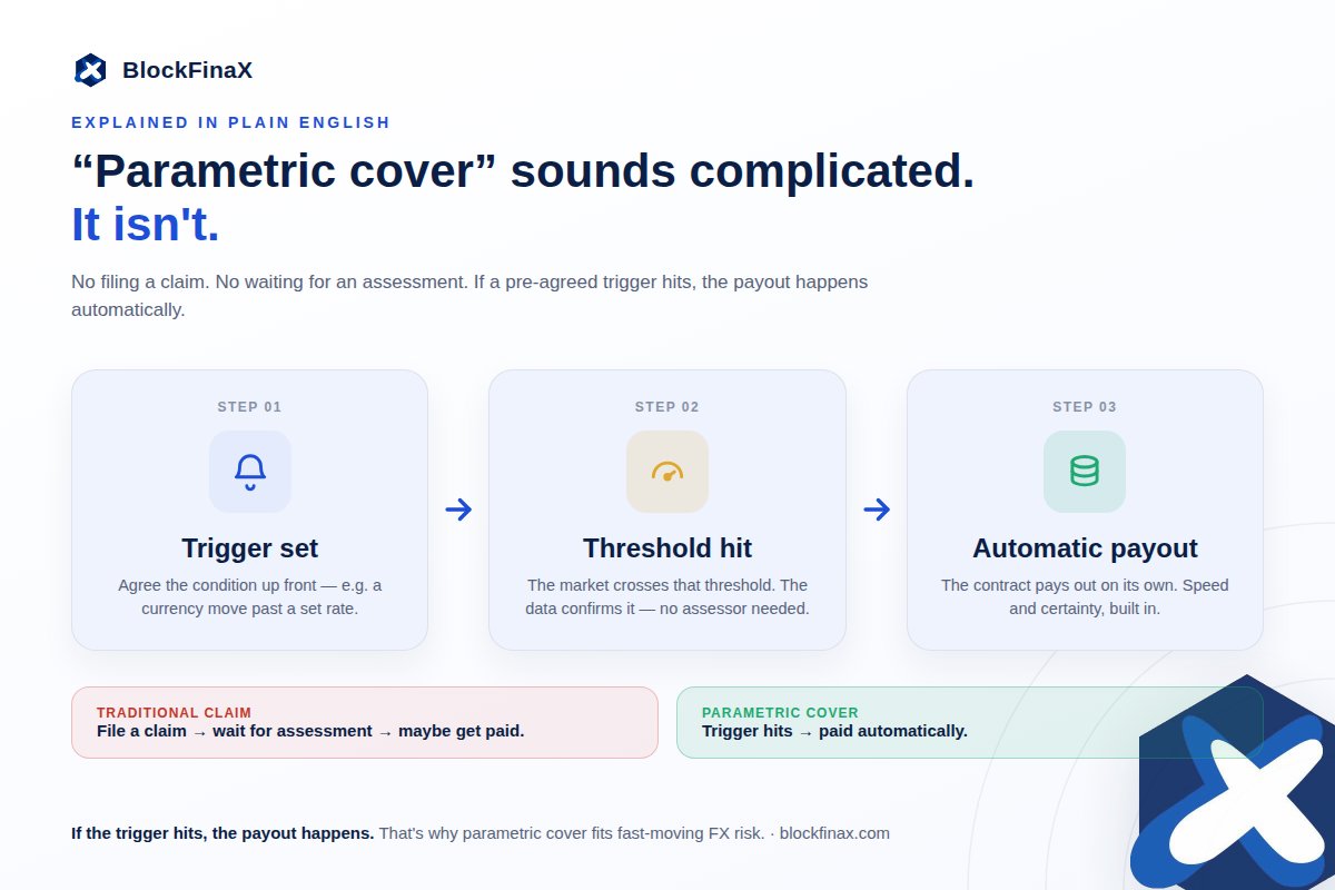 BlockFinax's tweet photo. Parametric cover = if the trigger hits, the payout happens.
No claims process. No waiting. Just: trigger β threshold β automatic payout.
Here's why that matters for FX risk. π
#BlockFinaX #FXRisk #ParametricCover #RiskManagement https://t.co/2ETPjjd7Qo