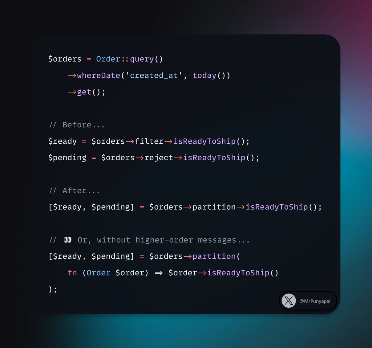 MrPunyapal's tweet photo. Laravel developers, are you filtering the same collection twice?

If you need both the matching and non-matching items, partition() does it in a single call.

Bonus: it even supports higher-order messages. 👀 https://t.co/C7YFoUX5ZA